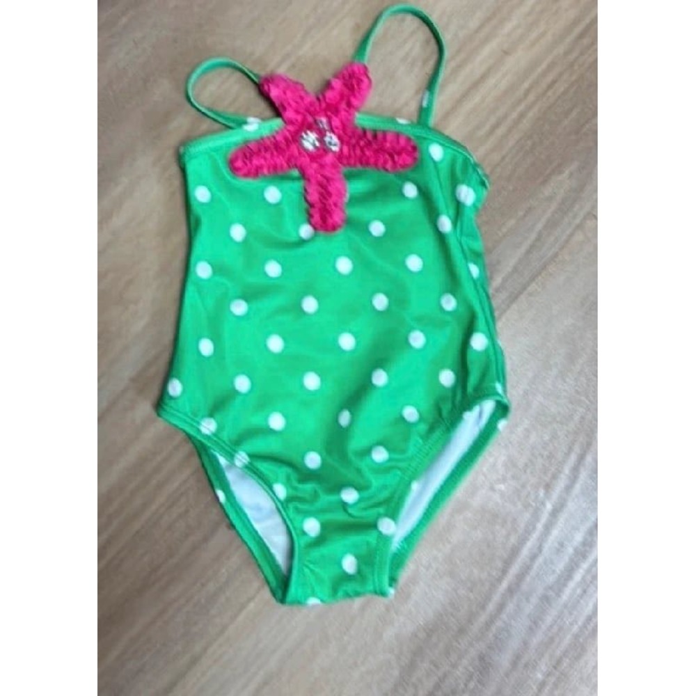 Girls Green Polka Dot One Piece Swimsuit Pink Starfish Ruffle Detail